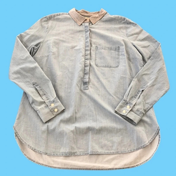 NWT Loft Size Medium Softened Blue Chambray Popover Shirt Long Sleeved Gray Knit - Picture 3 of 7